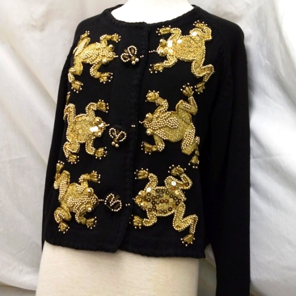 Rare Vintage Michael Simon Beaded Frog Cardigan